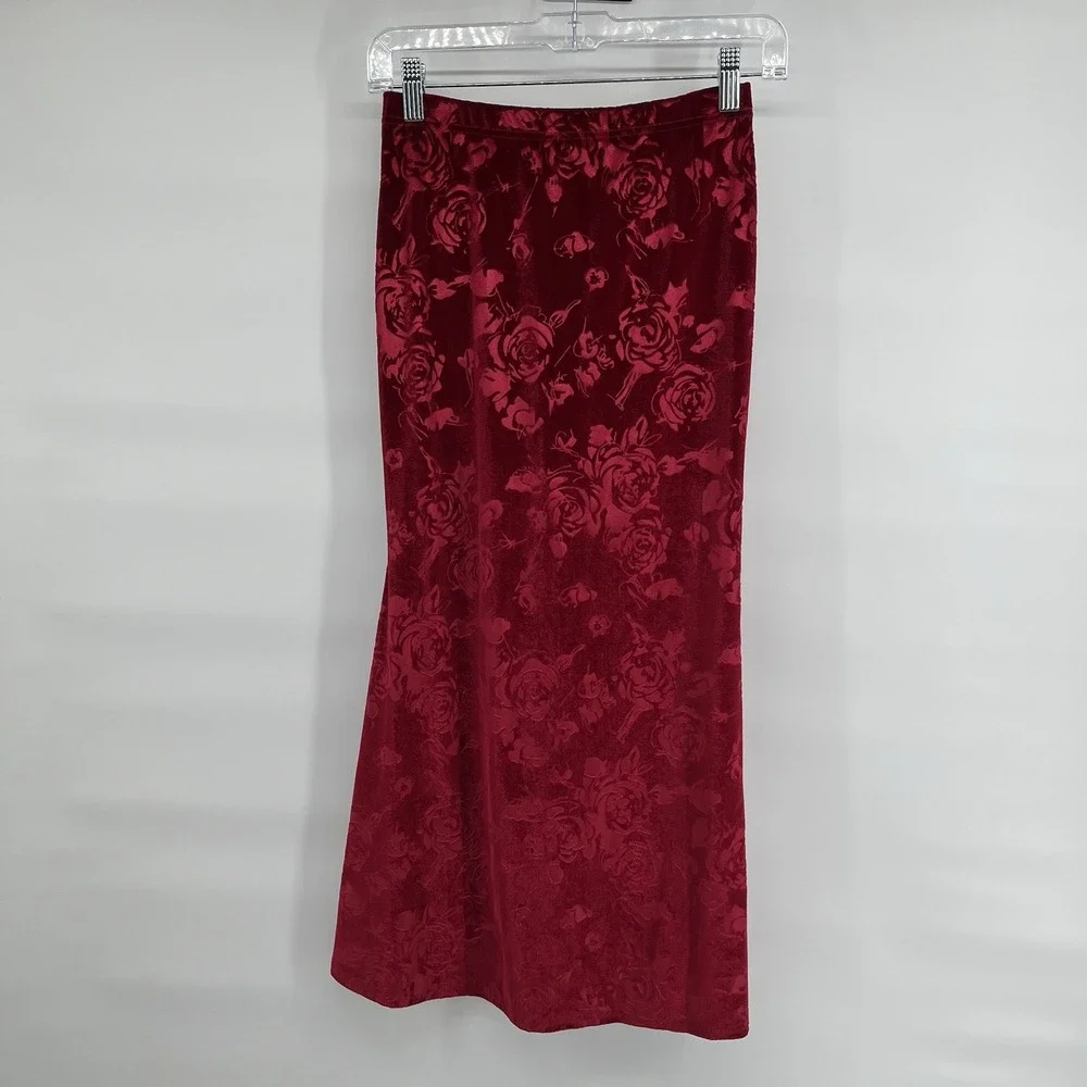 Red Velvet Burnout Floral Convertible Maxi Skirt Tube Dress Small Whimsigoth Y2K